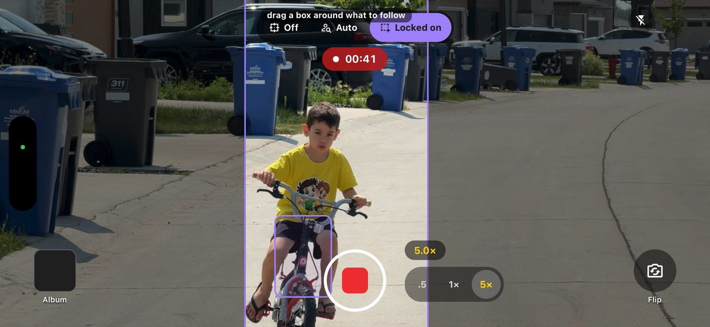 Recording in landscape with the live 9:16 guide and subject tracking
